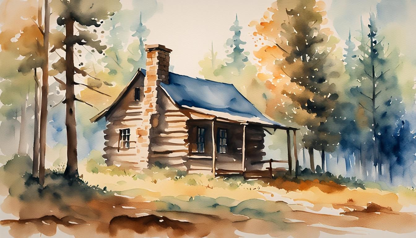 Secluded Cabin in Forest: Watercolor Impressionism