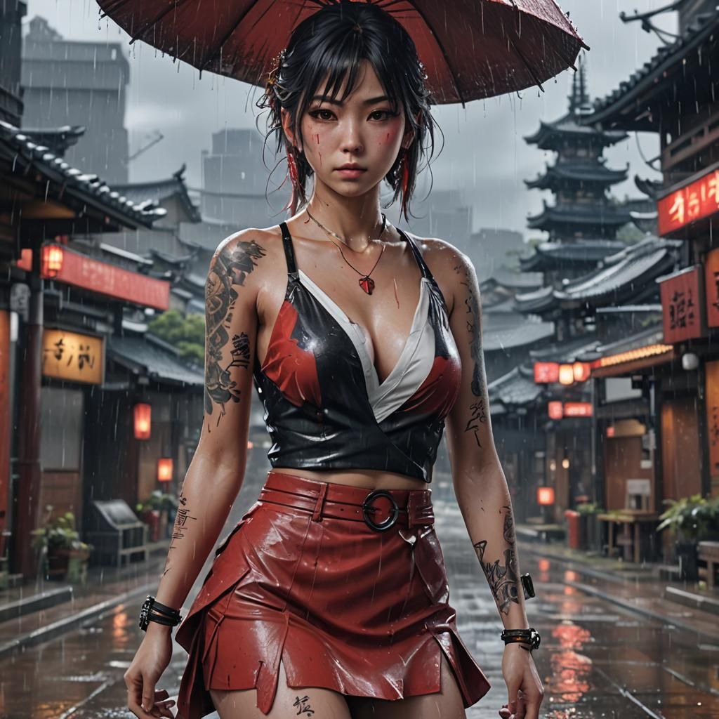 Rain-Soaked Woman in Red Skirt: 3D Anime Art