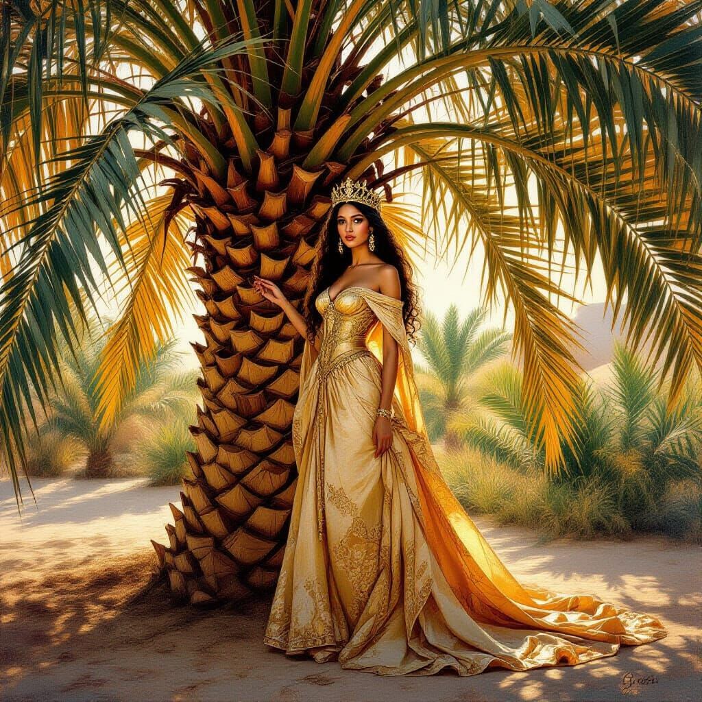Regal Queen of Date Palm Tree in Oil Painting Style