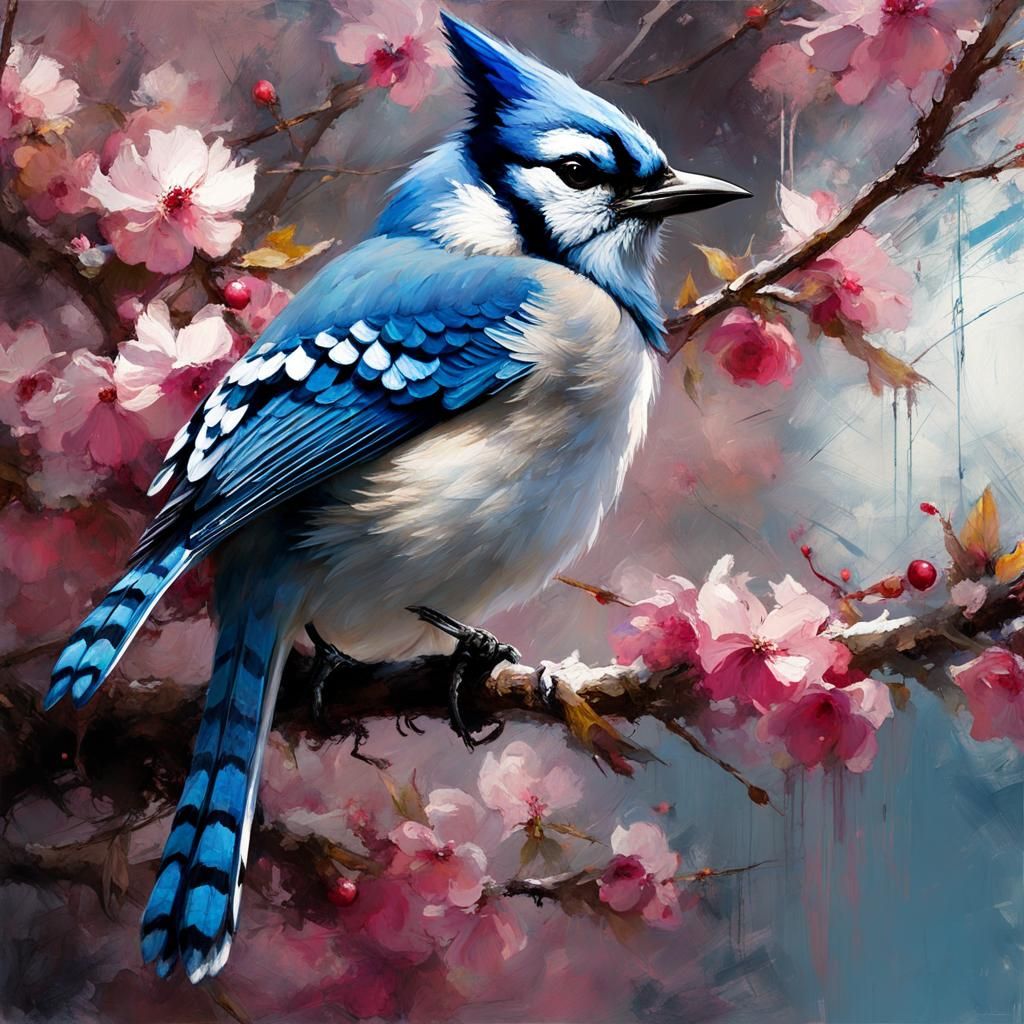 Bluejay in Cherry Blossoms: Matte Painting Style