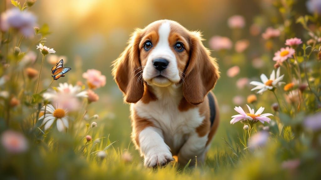 Cute Basset Hound Puppy in a Summer Garden