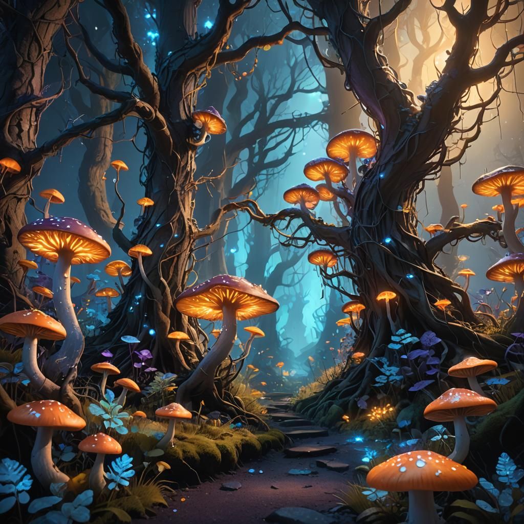 Mystical Forest with Bioluminescent Glow as Matte Painting