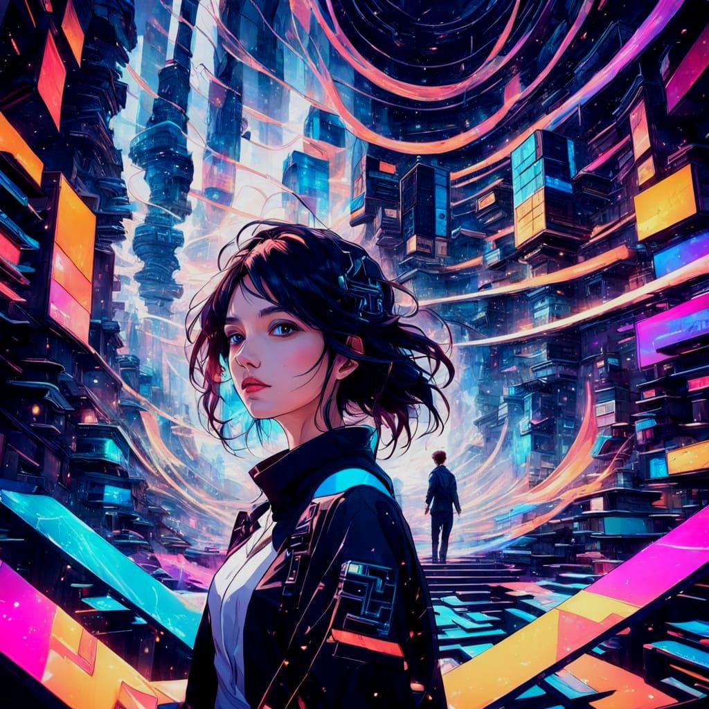 Woman in Collapsing Digital Cityscape, Anime Style