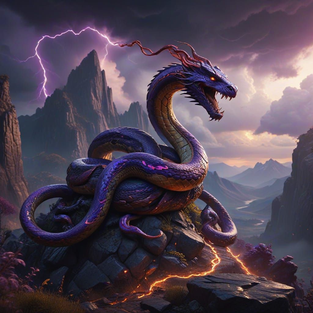 Dramatic Golden Snakes Chasing Each Other Amidst Electric Pu...