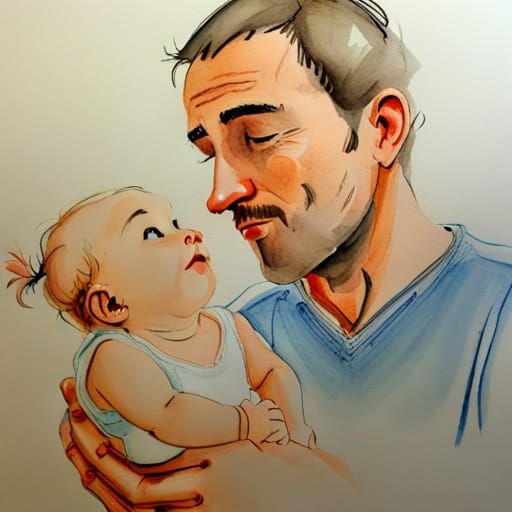 Touching Father and Baby Watercolor Illustration