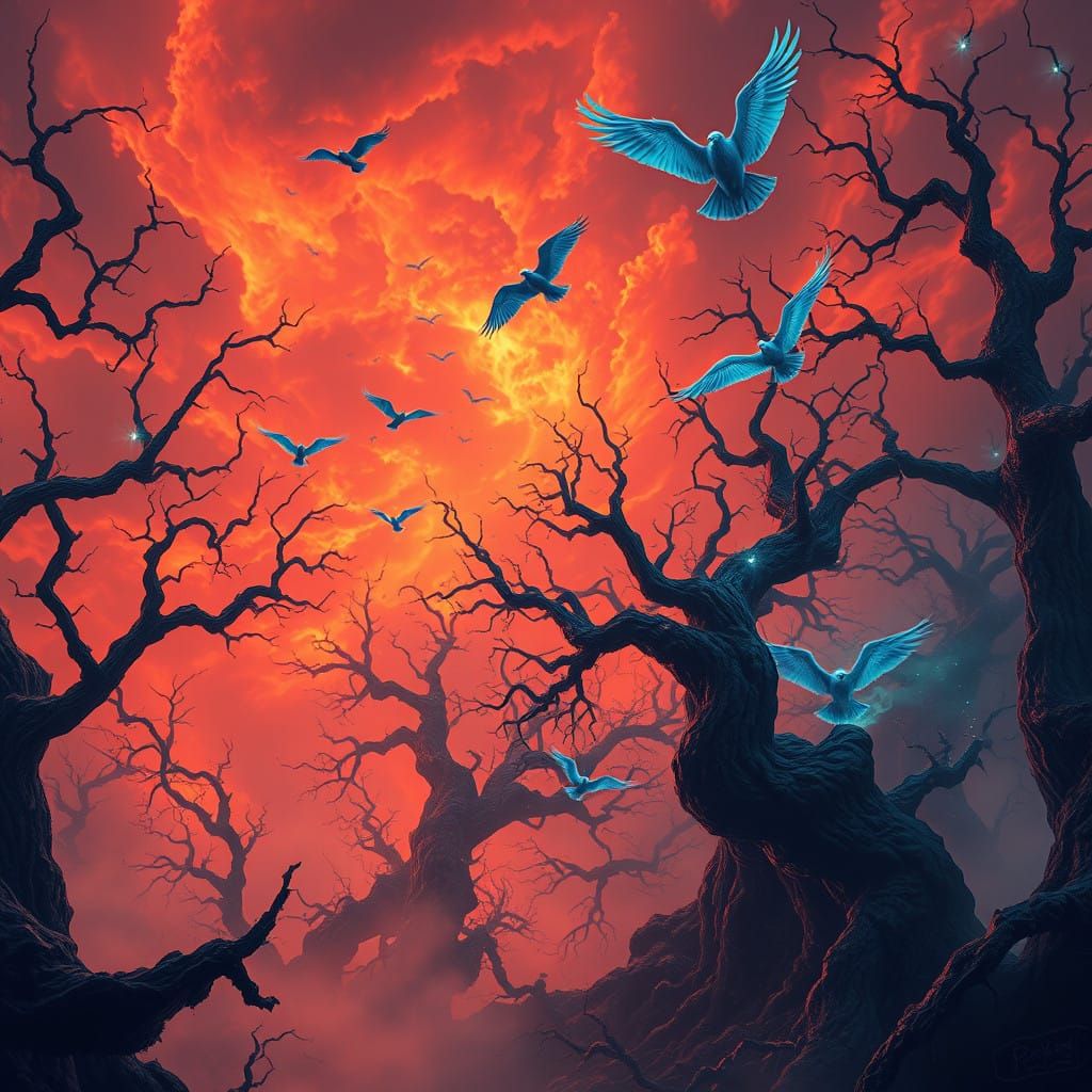 Twisted Dreamscape of Ghostly Birds in a Fiery Sky