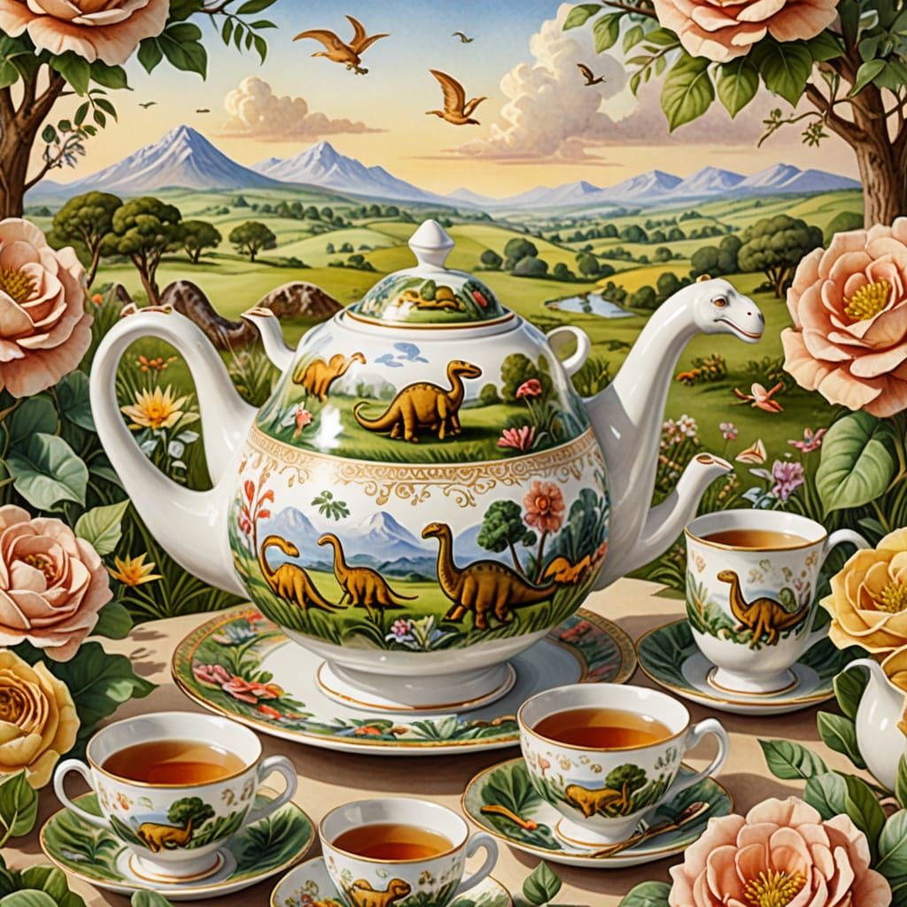 Dinosaur Tea Party: Whimsical Watercolor Fantasy Art