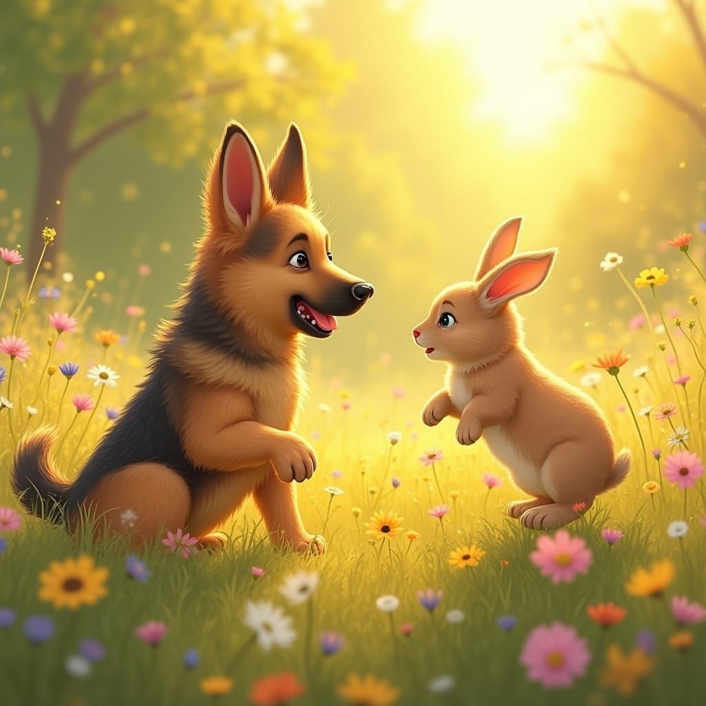 German Shepherd and Rabbit Play in Wildflower Meadow