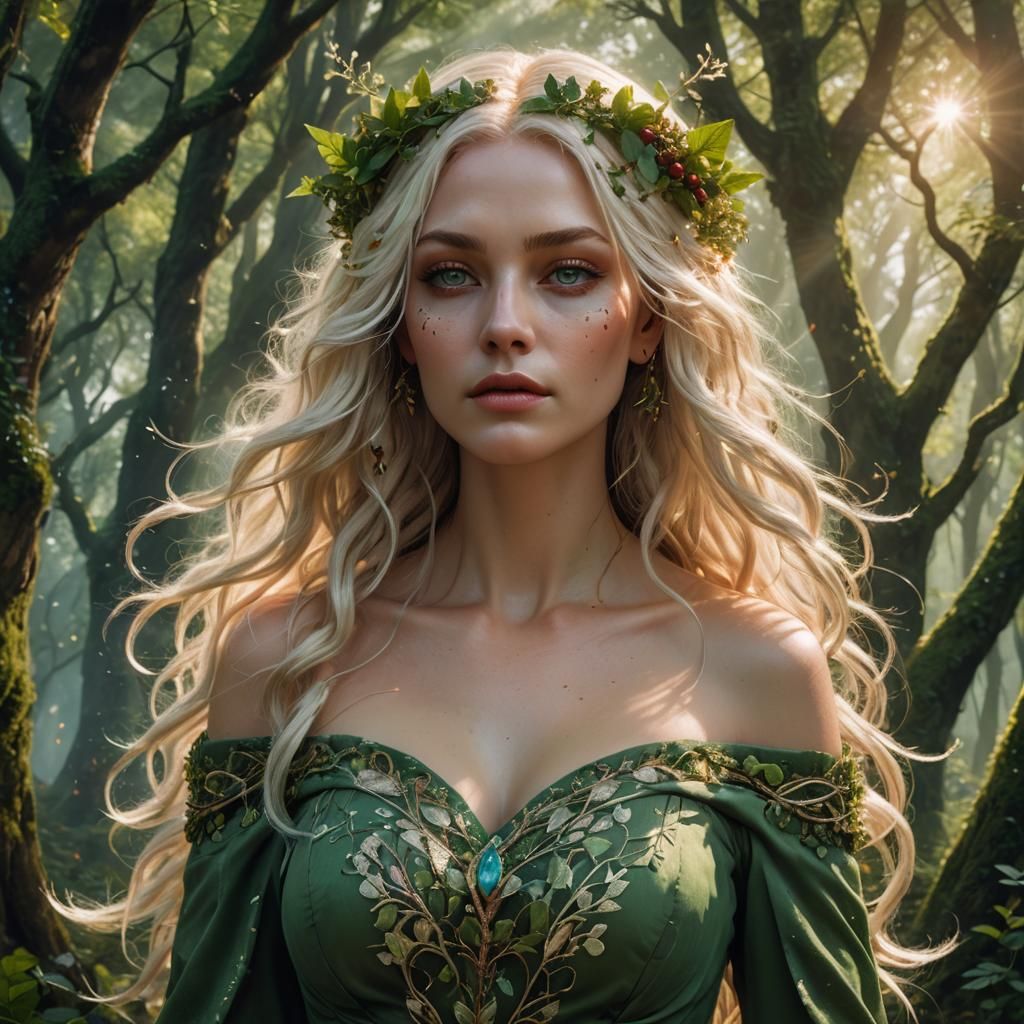 Goddess with Flowing Hair in Forest Clearing