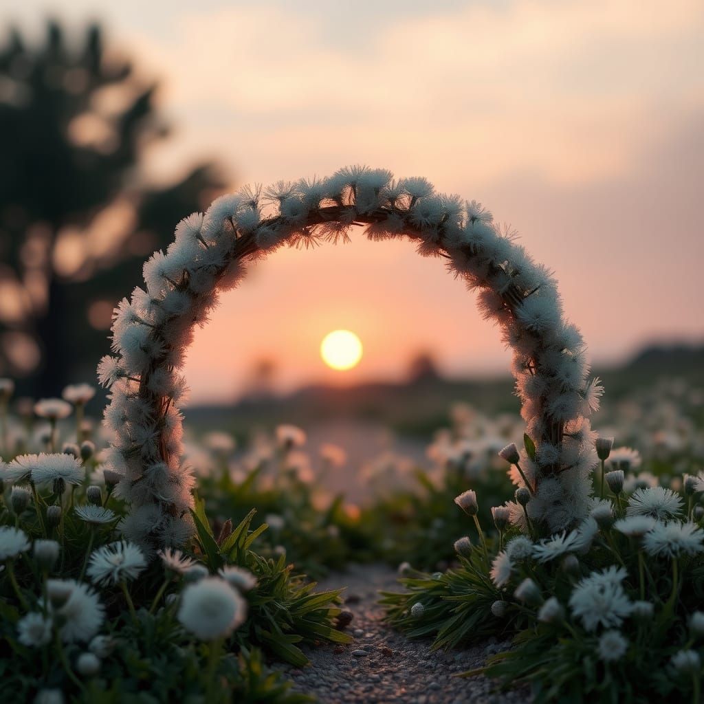 Surreal Dandelion Gate Reflects Pastel Sunset