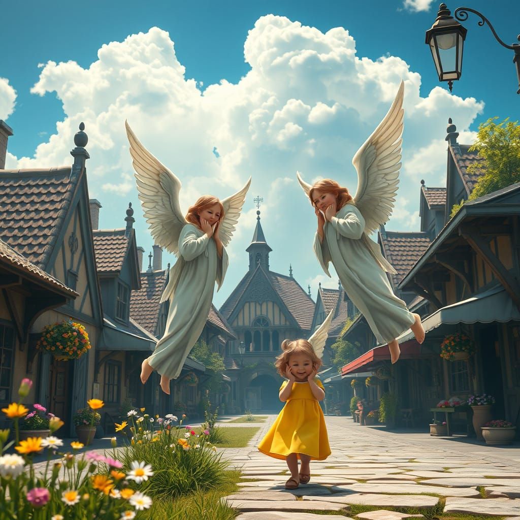 Guardian Angels Watch Over a Young Girl in a Quaint Village