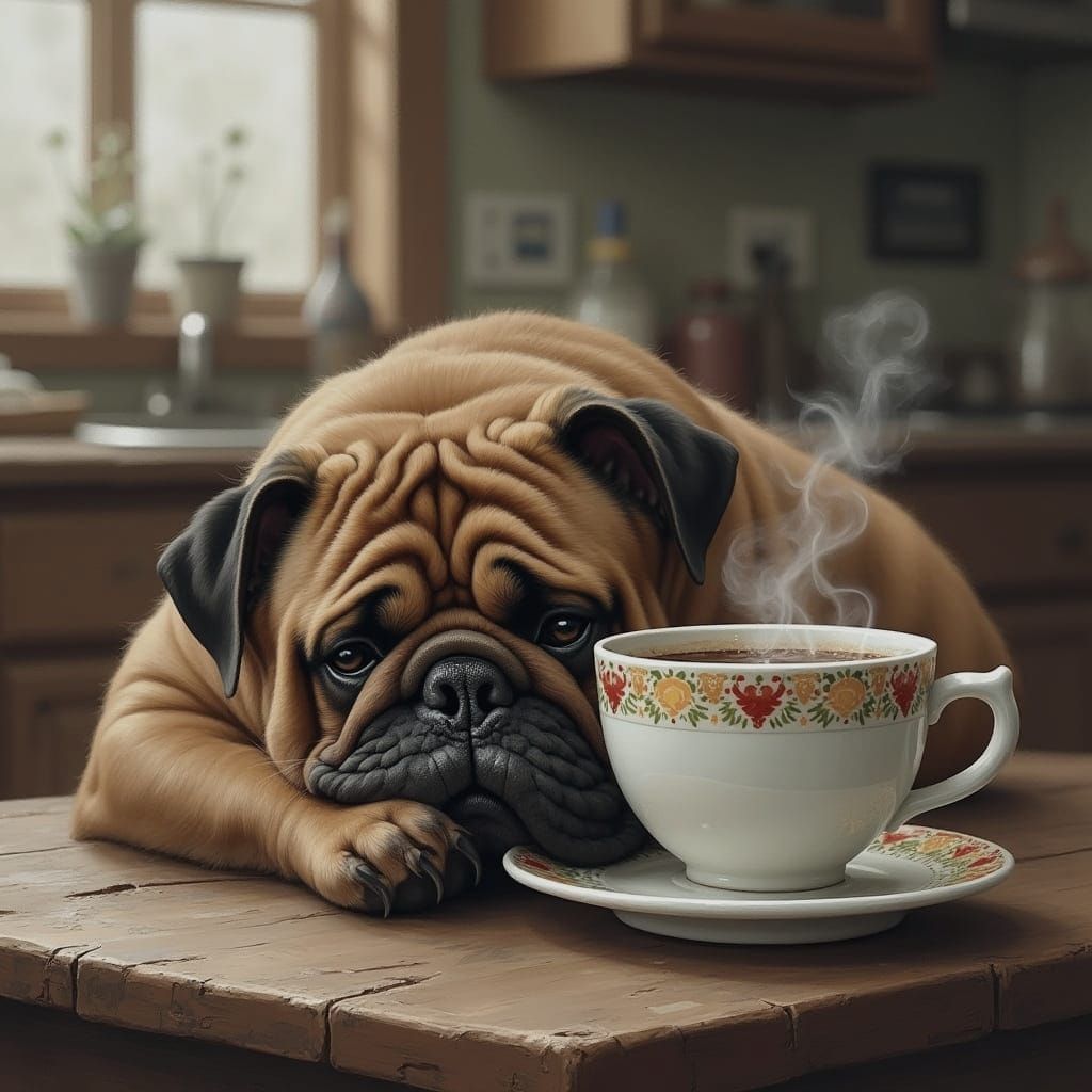 Warm Morning Scene with a Relaxed Brown Bulldog and Coffee