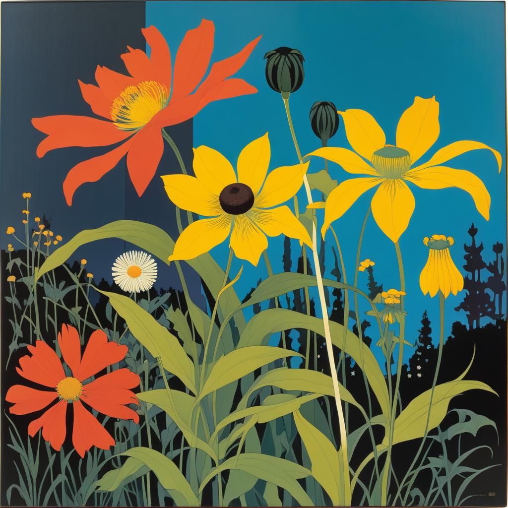 Isolated Wildflowers in Art Nouveau Style