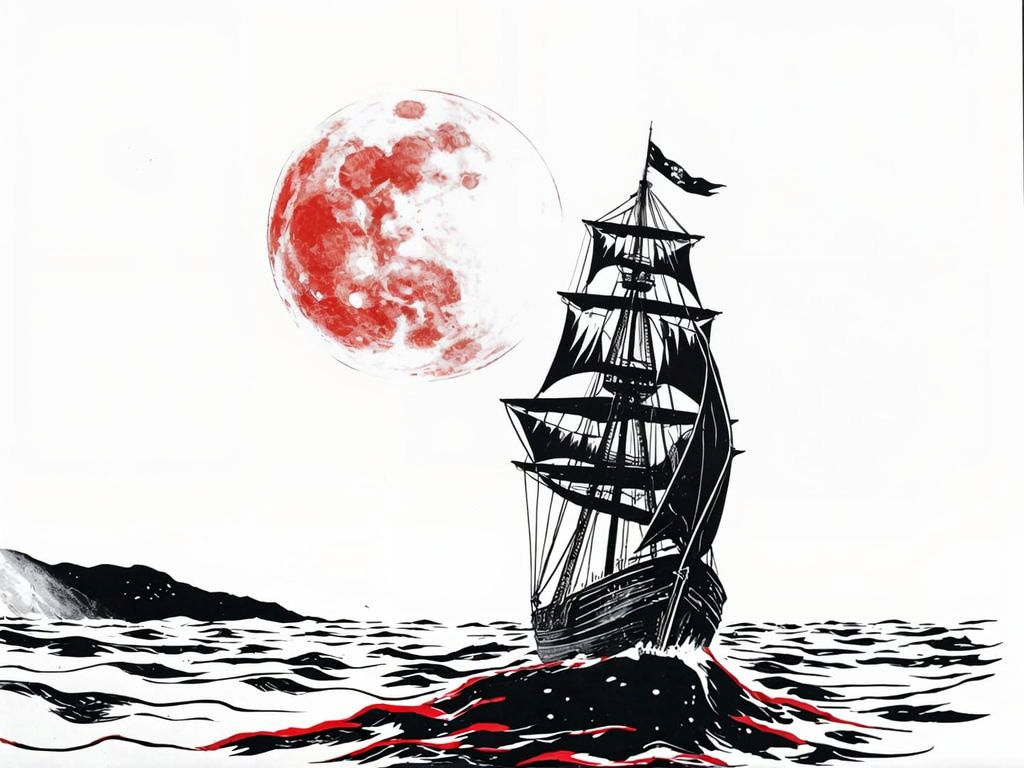 Mysterious Blood Moon Sets Sail in Neo-Noir Ink Illustration
