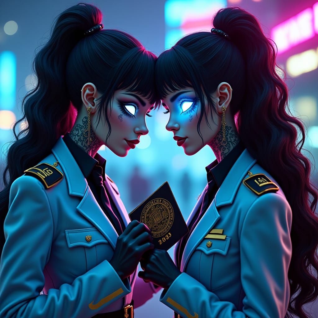 Neon Goth Police Caricature in Cyberpunk Style