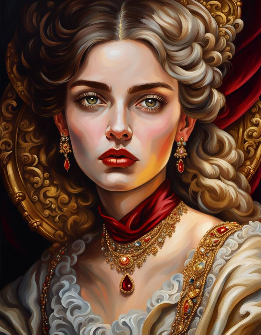 Regal Baroque Portrait with Luxurious Jewels and Velvet Text...