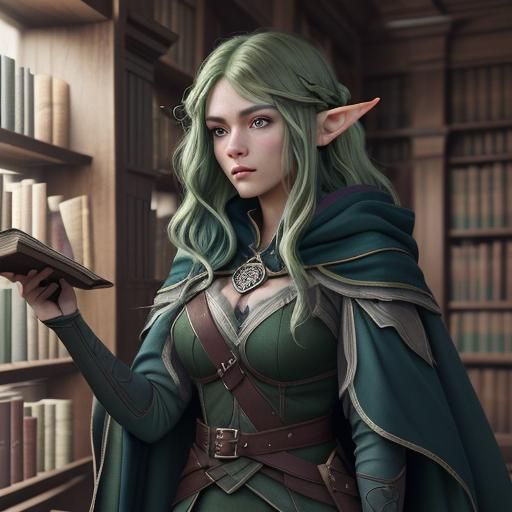 Half-Elf Woman Shelving Books in Library: Fantasy Art
