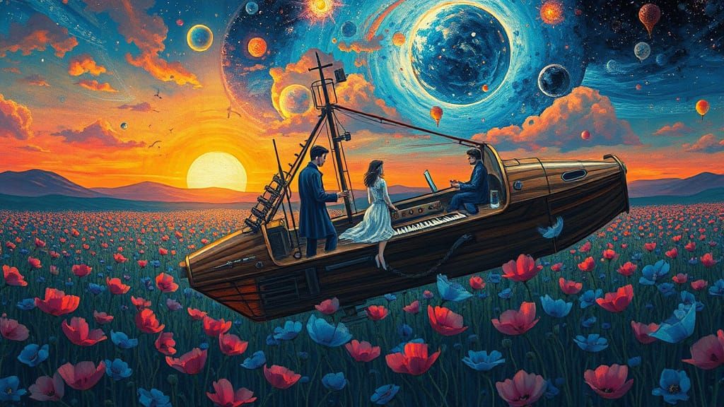 Spacecraft Sails Through Sunset Galaxy in a Glass Forest