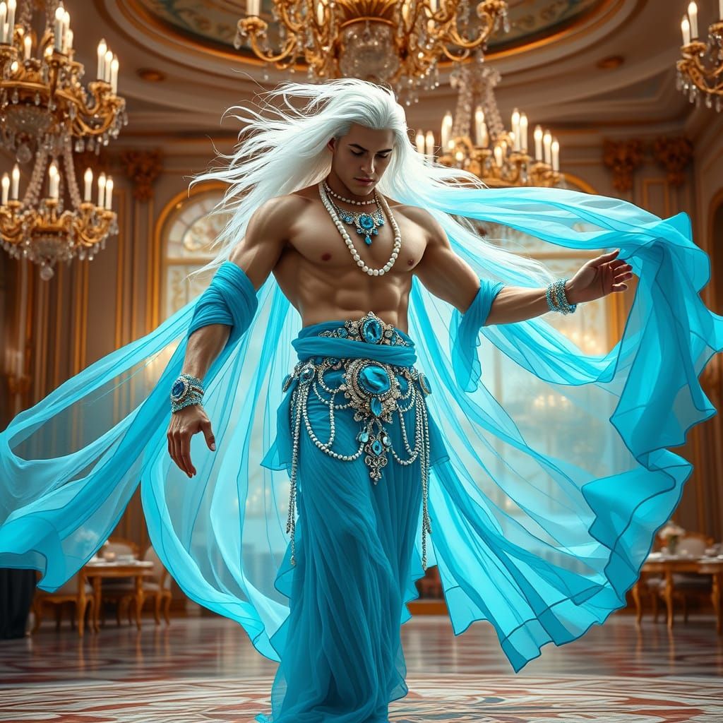 Elegant Sky Blue Dancer in Opulent Ballroom