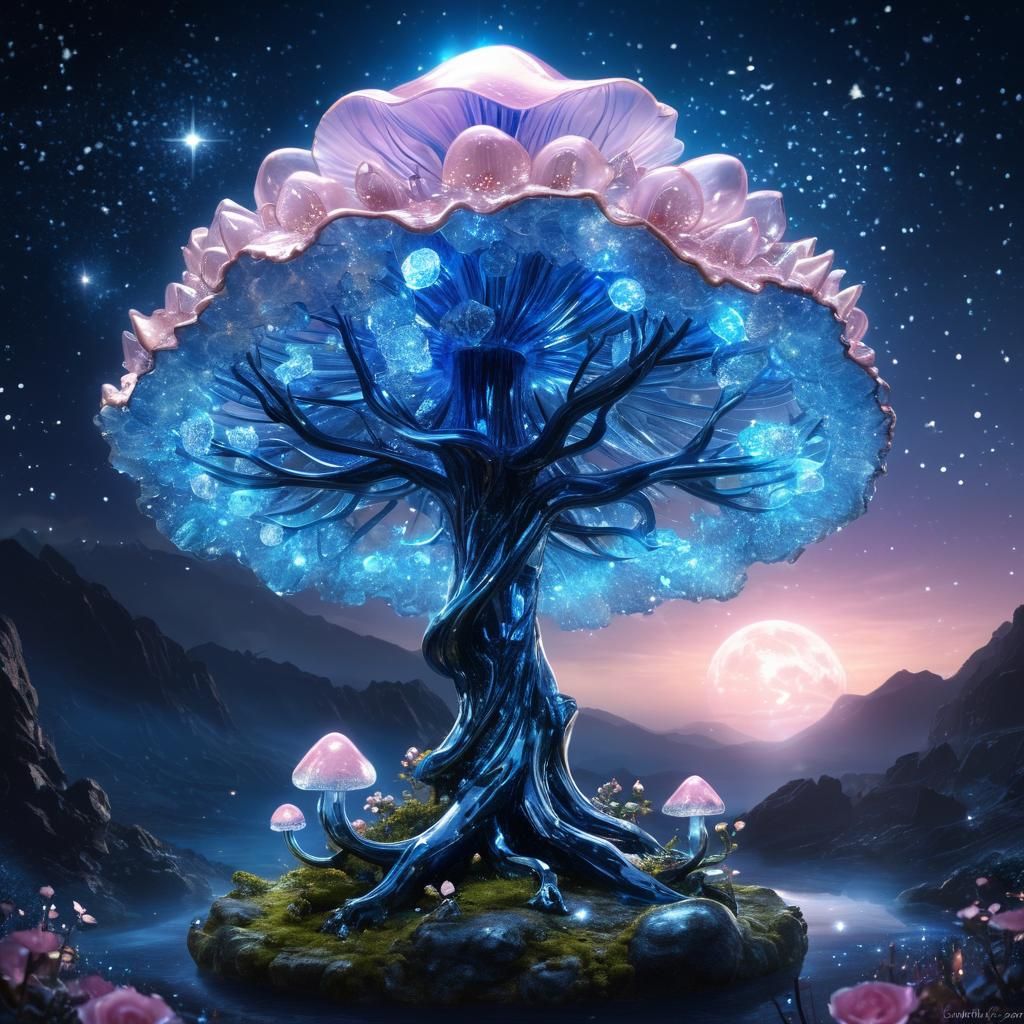 Luminescent Crystal Mushrooms Under Glitter Tree
