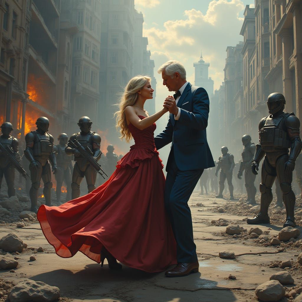 Elegant Couple in Ruins, a Cyberpunk Waltz