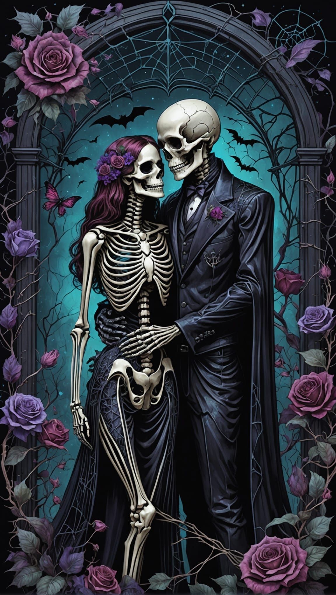 Gothic Skeleton Couple Embrace: Cosmic Astral Illustration