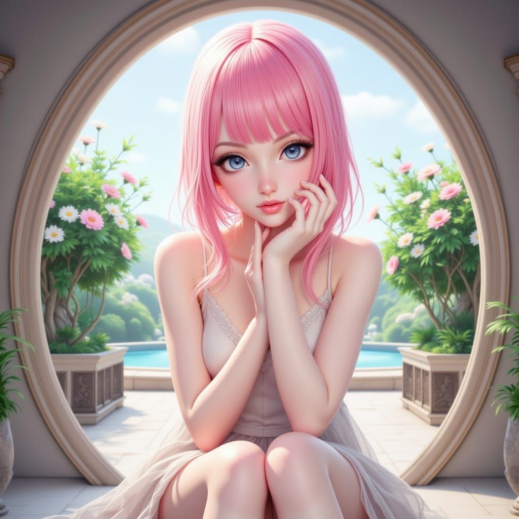 Anime Girl with Pink Bangs in Oval Frame