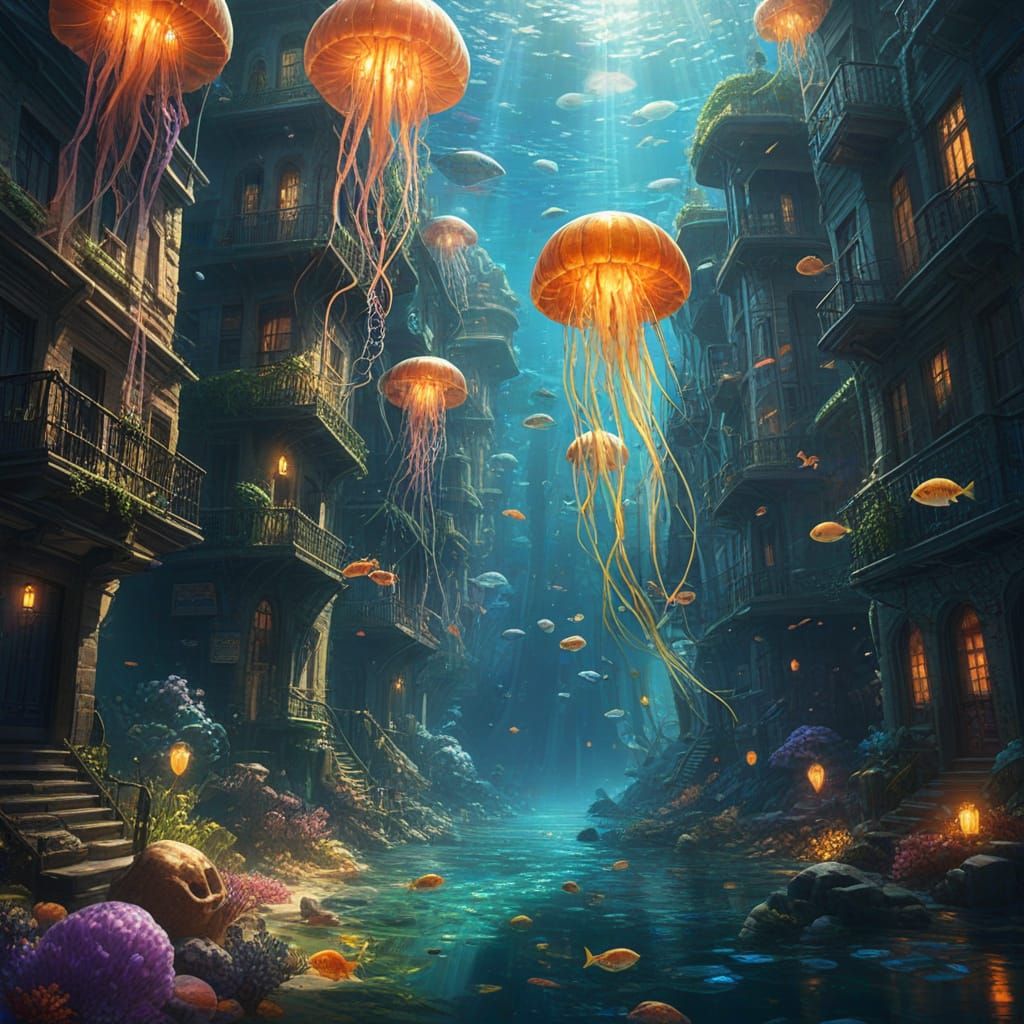 Underwater City Concept Art with Glowing Lanterns