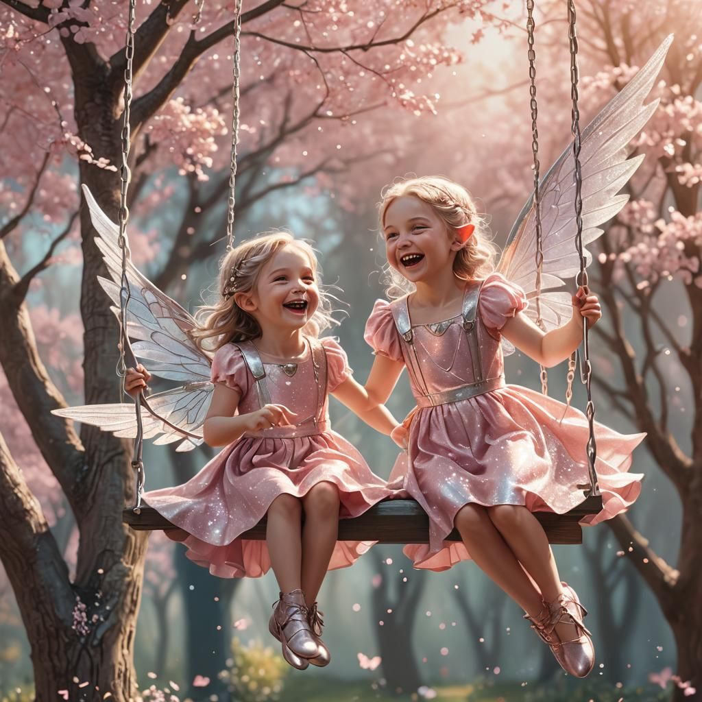 Elf Girl on a Swing in Watercolor Style