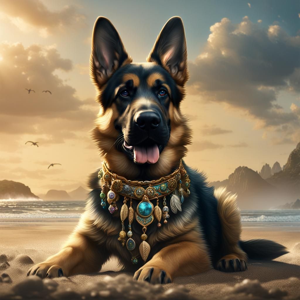 German Shepherd Puppy at Beach: Detailed Matte Painting