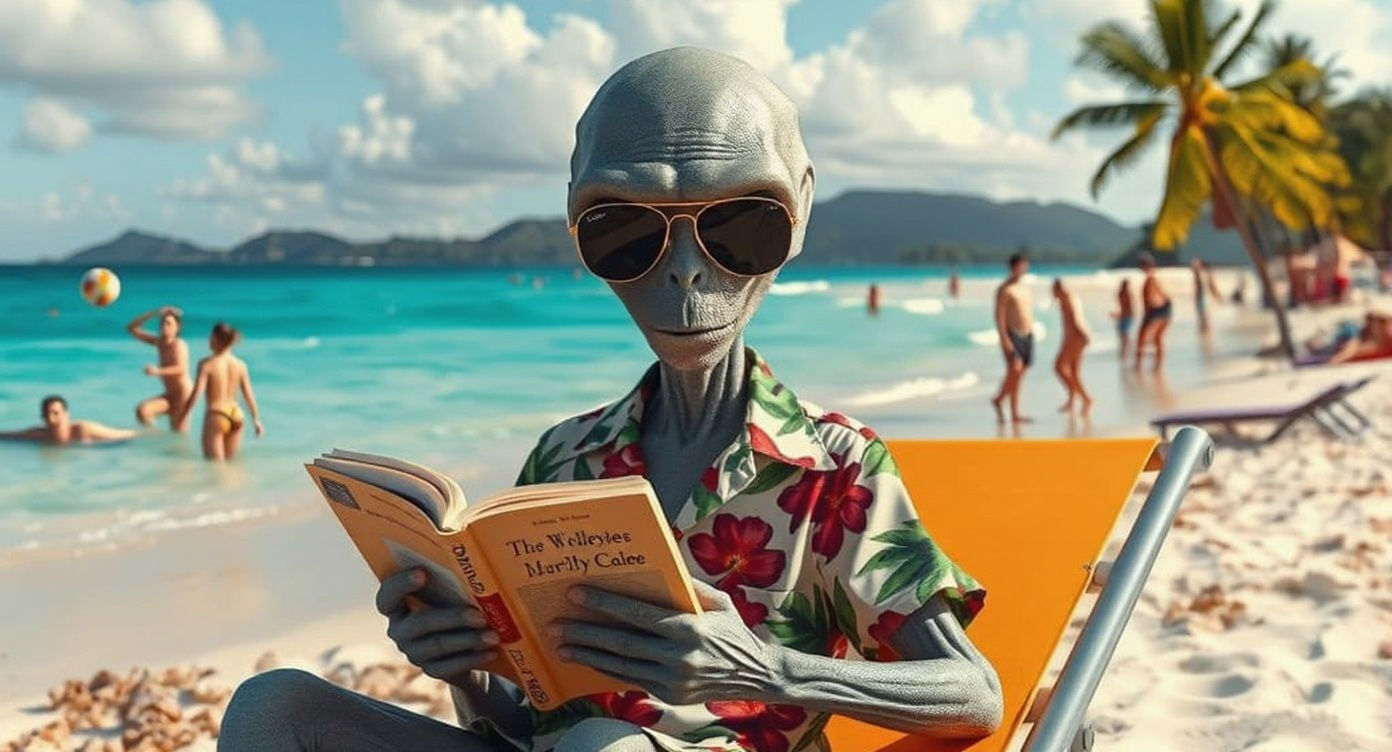 Alien Relaxing on Tropical Beach with Cigar