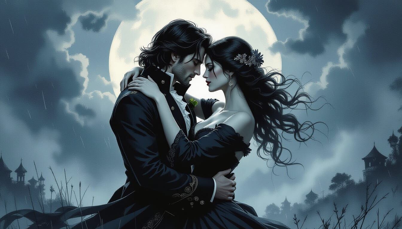 Intense Romantic Couple in Stormy Embrace