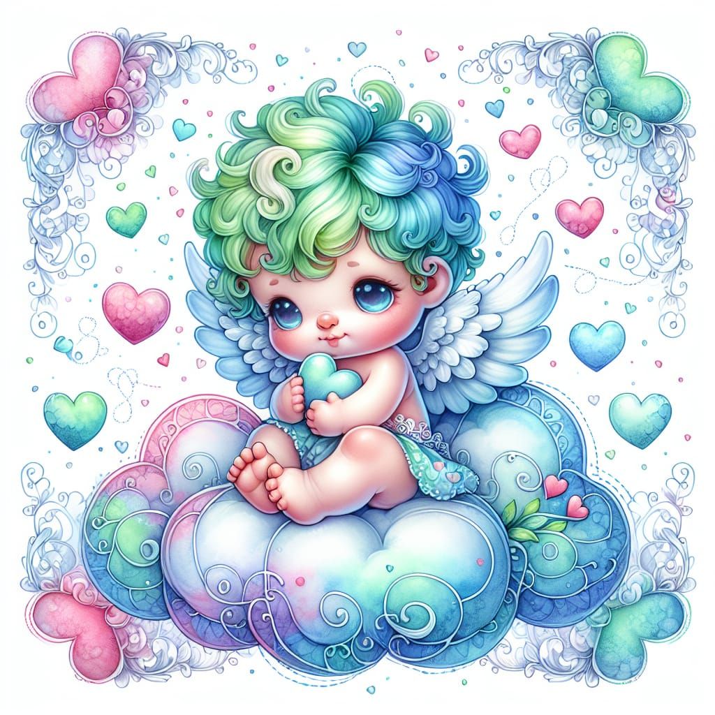 Watercolor Cherub on Cloud with Filigree Hearts