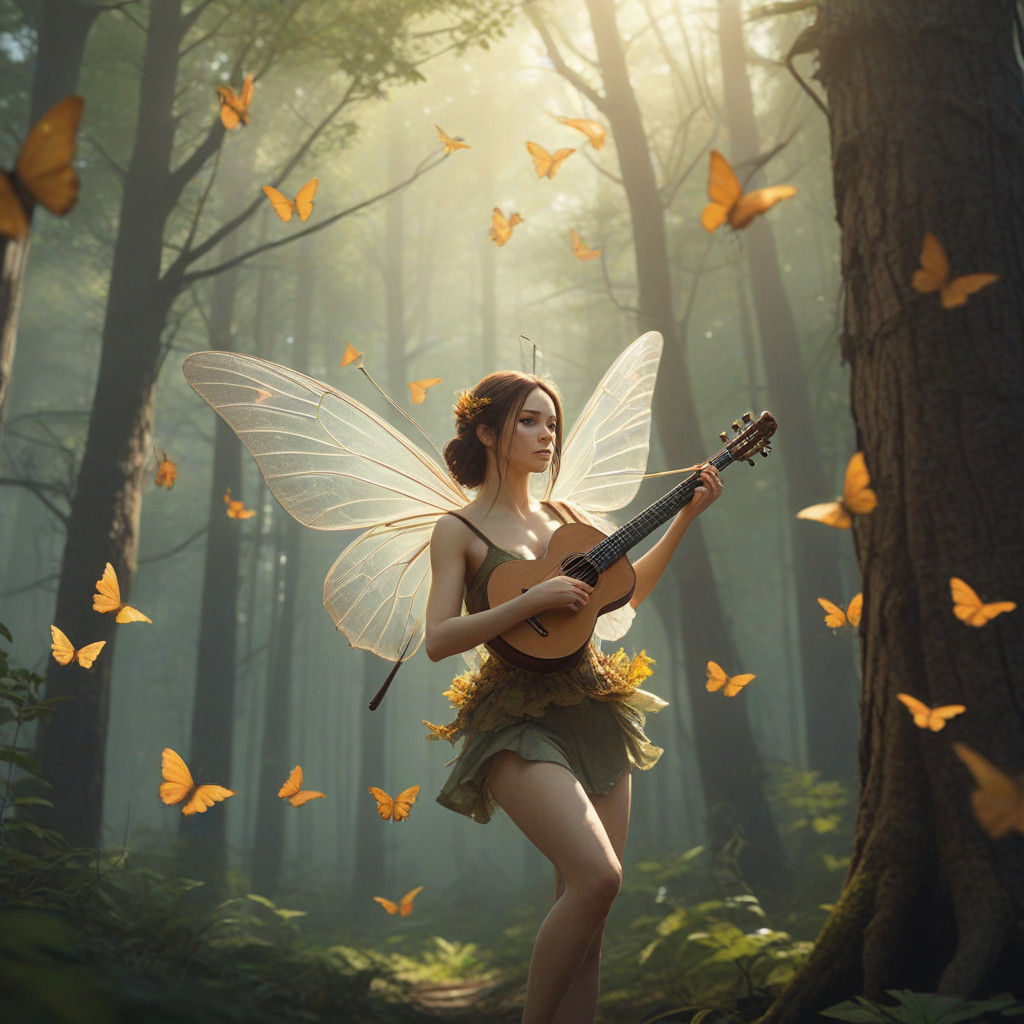 A Fairy's Musical Serenade in a Sunlit Forest