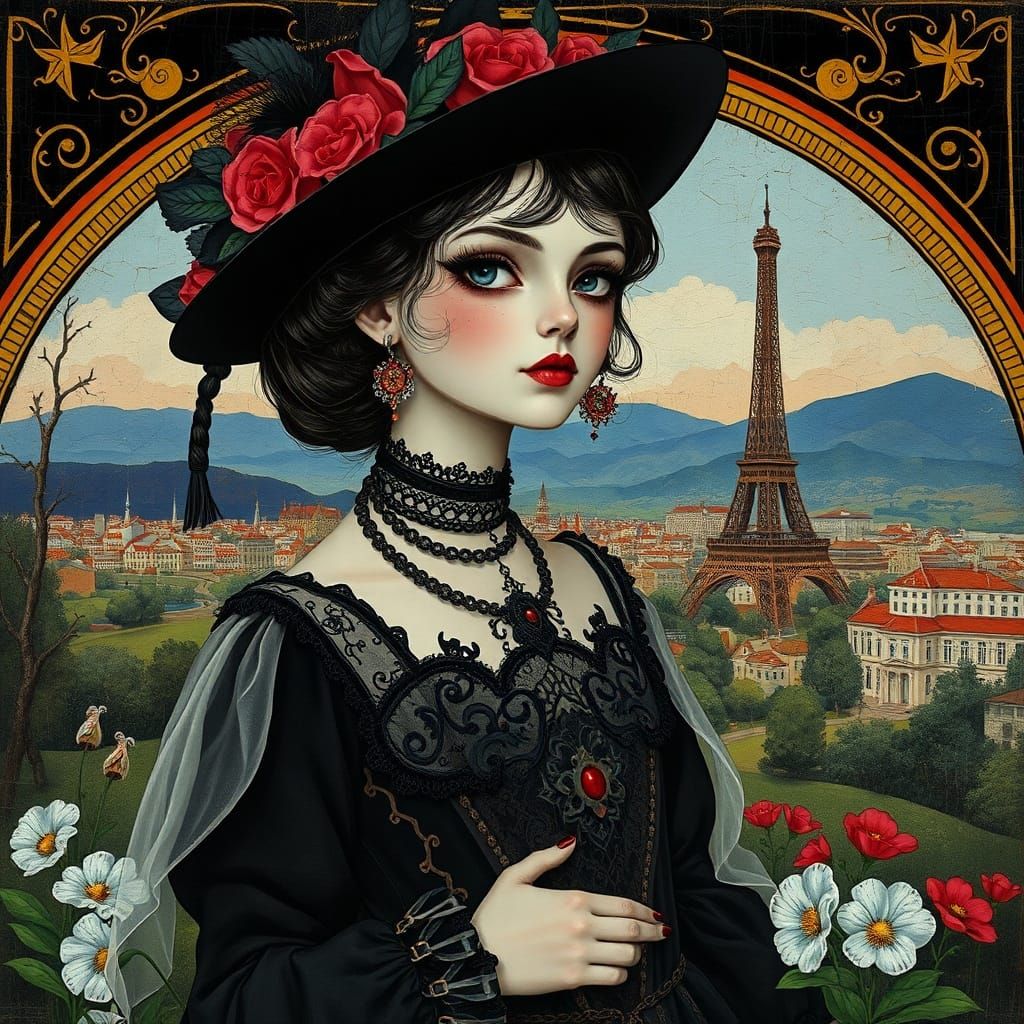 Whimsical Goth Girl in Paris, Neo-Impressionist Style
