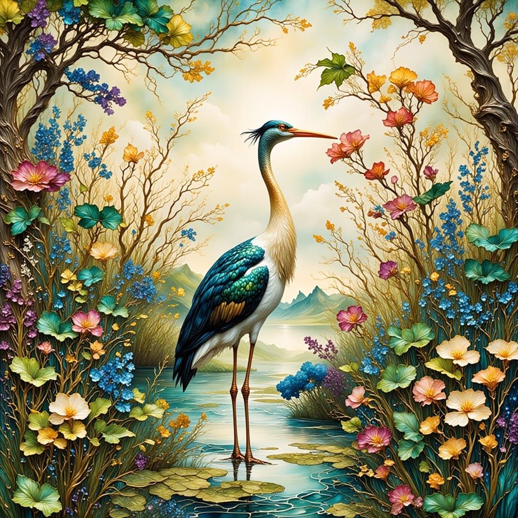 Chinoiserie Marsh Scene with Stork and Gilt Wallpaper