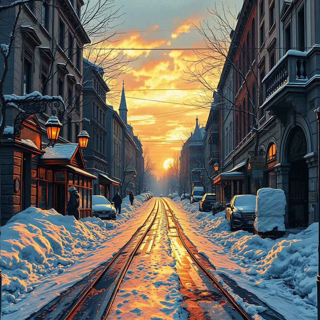 Snowy Sunset Street in Steampunk Ink Painting Style