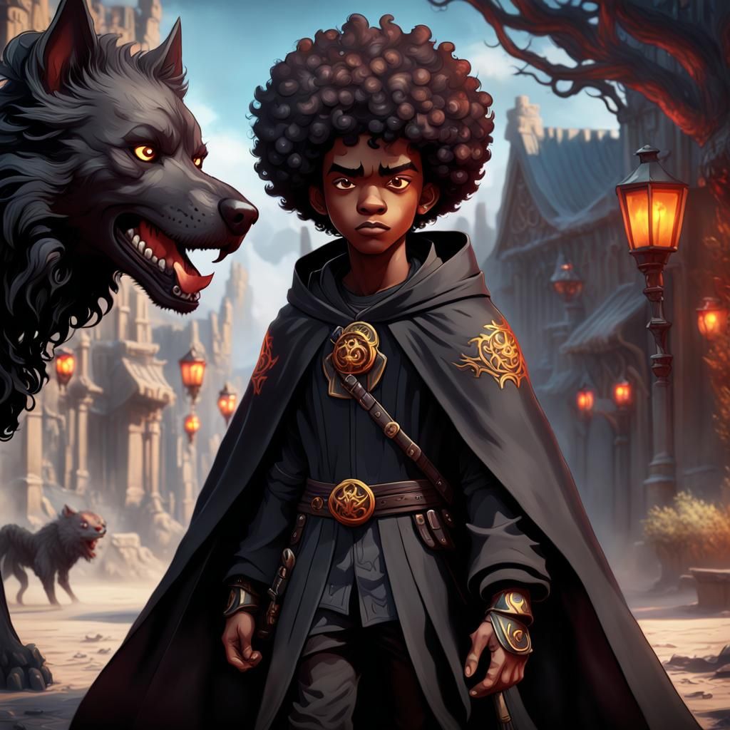 Teenage Boy with Hellhound, Fantasy Art