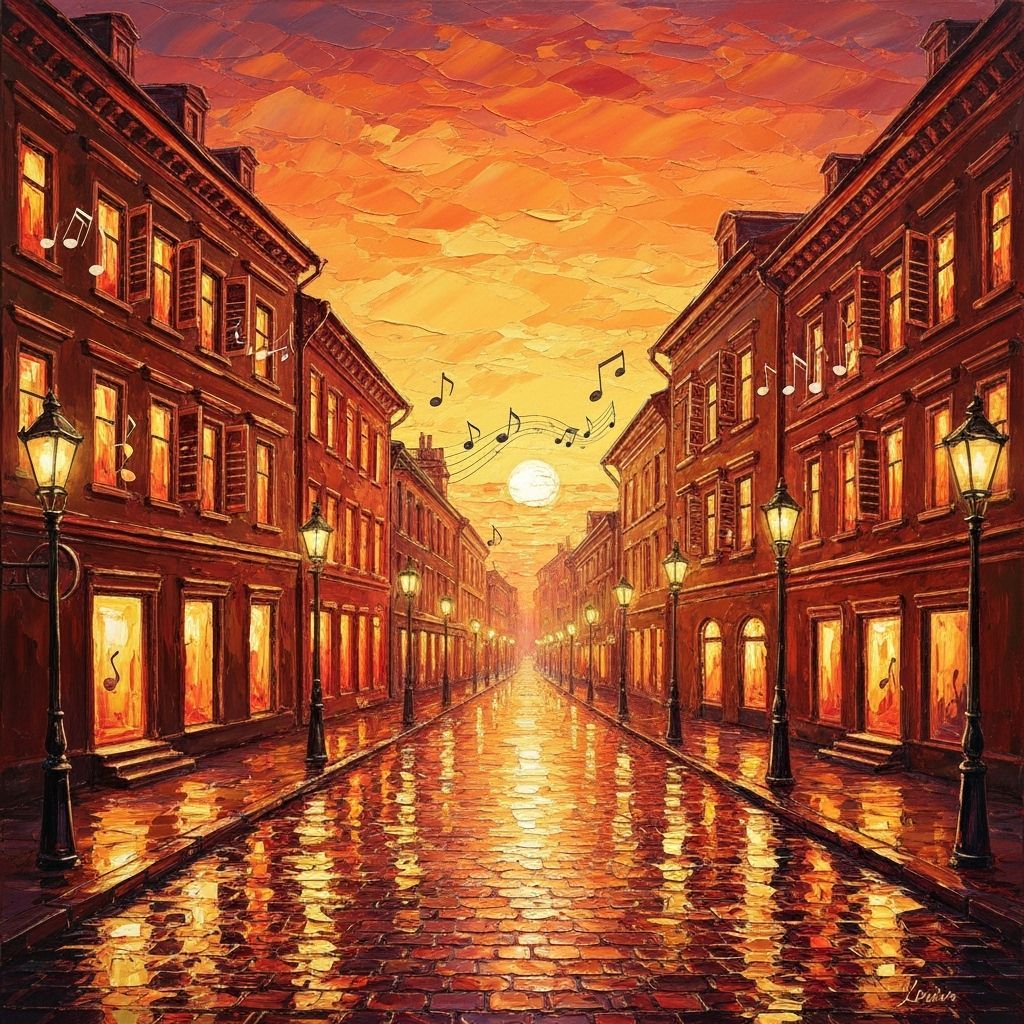 Joyful City Street at Sunset in Impasto Style