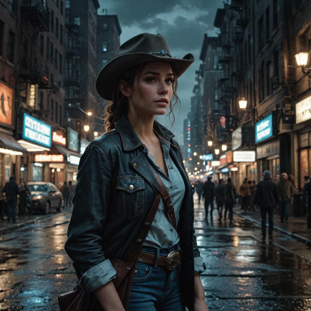 Cinematic Woman in Dark City, Hyperrealistic Photography