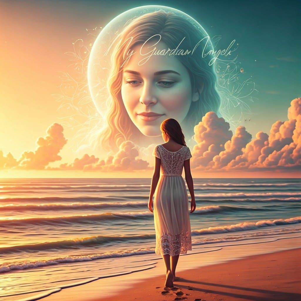 Serene Sunset Beach Scene with Ethereal Clouds and Loving Fa...