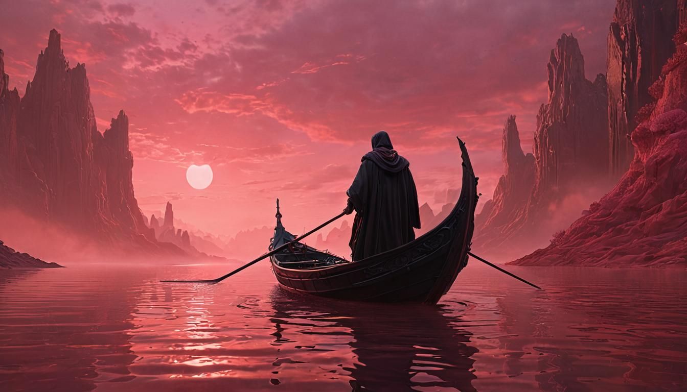 Majestic Warrior on Pink River, Surreal Digital Art