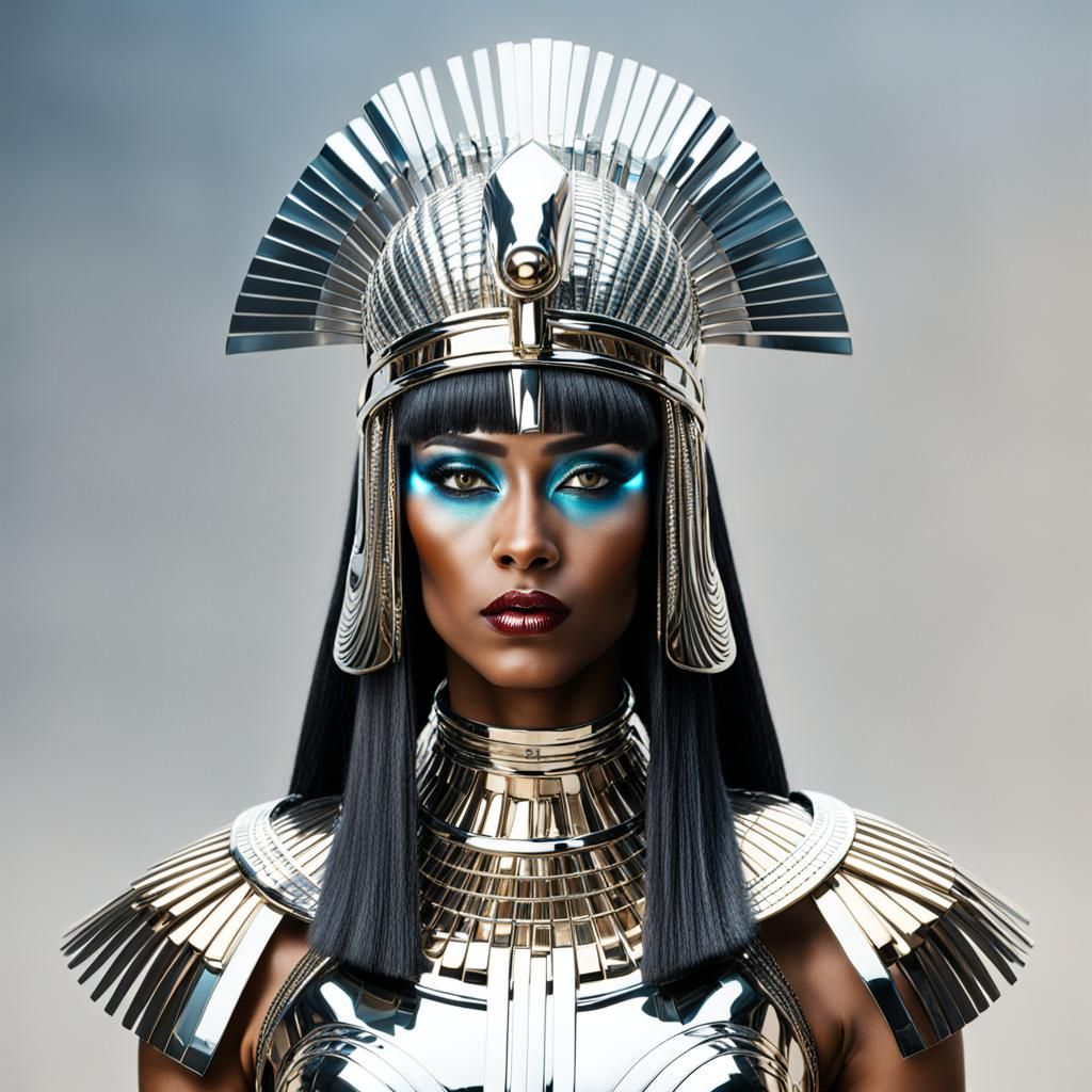 Futuristic Cleopatra with Chrome Headdress, Sci-Fi Art