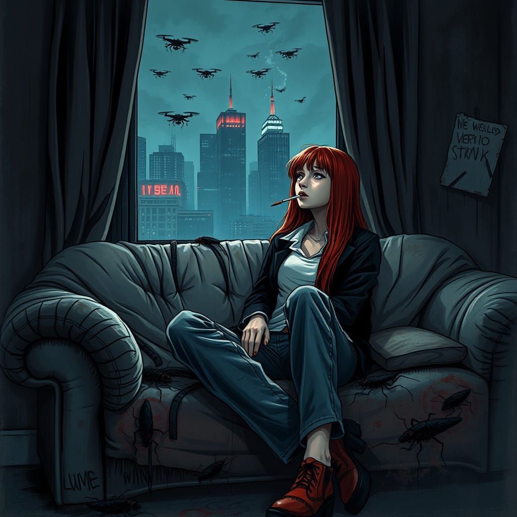 Melancholic Woman in Dystopian Cityscape