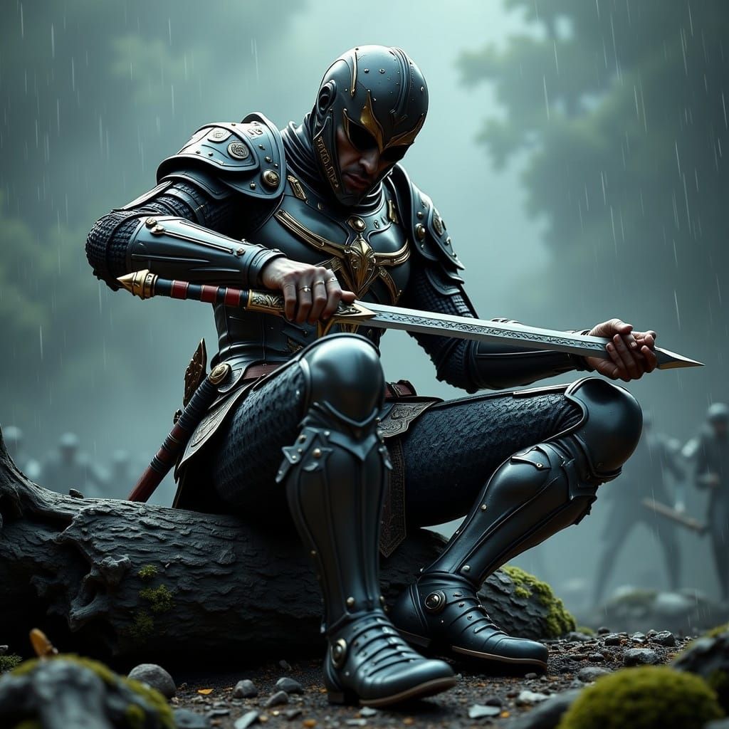 Knight Contemplates Battle in the Rain