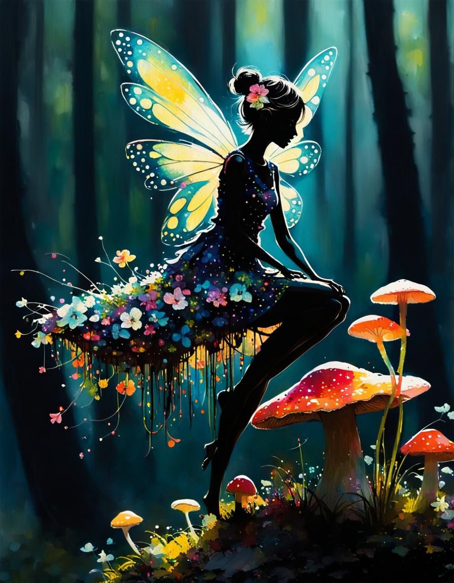 Fairy Silhouette on Mushroom in Tachisme Brushwork