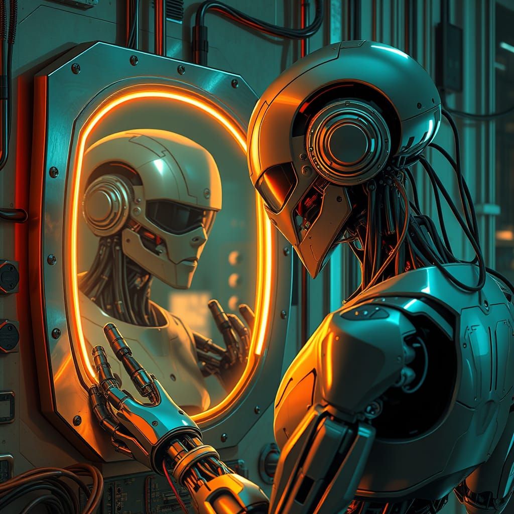 Futuristic Robot Confronts Cyberpunk Reflection