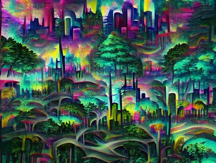 Psychedelic Cityscape Forest: A Surreal AI Dream