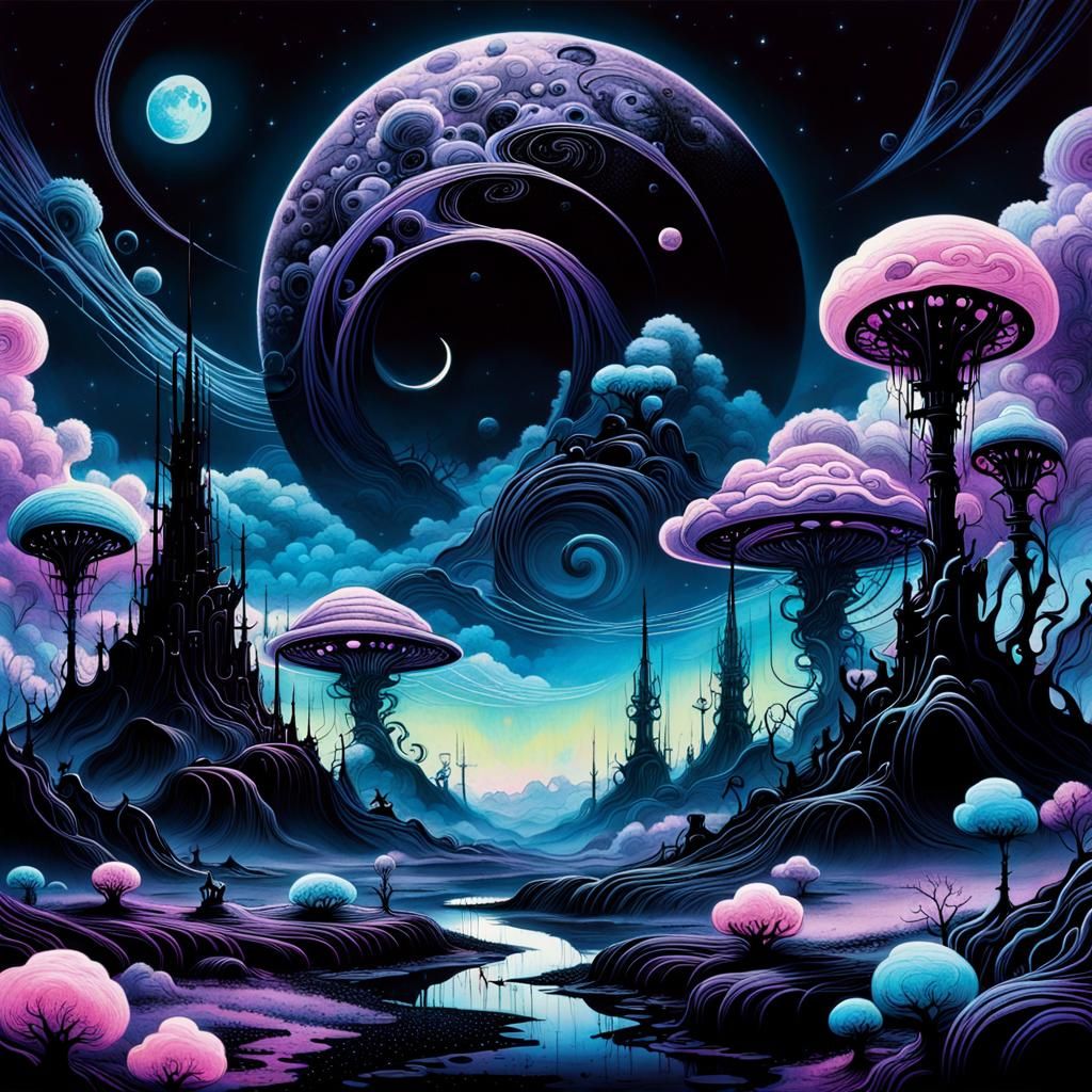 Dark Cosmic Dreamscape with Giant in Mixed Styles