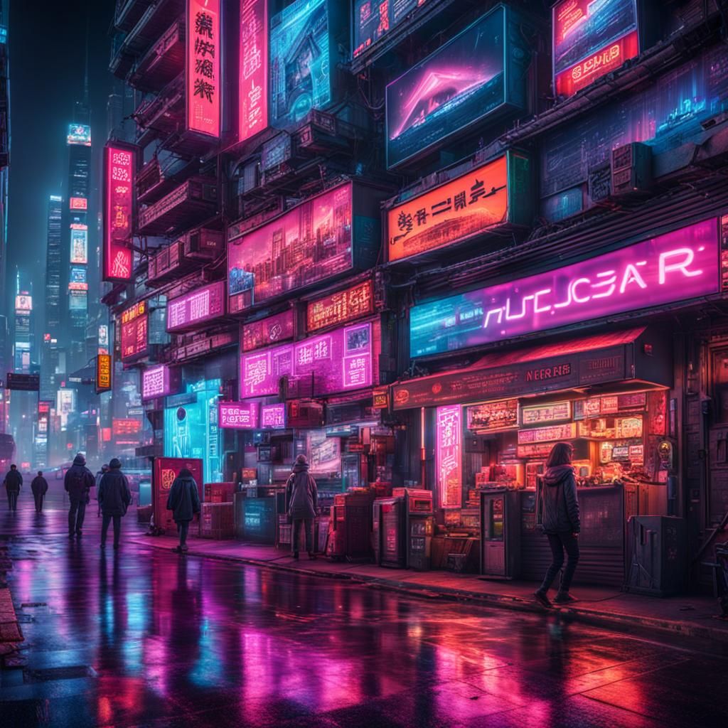 Cyberpunk Street Scene with Neon AI Ads